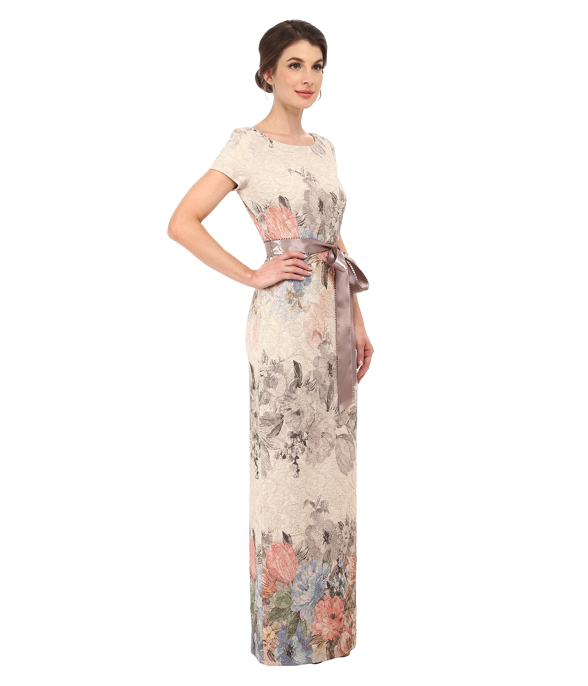 Adrianna Papell Synthetic Matelasse Printed Floral Column Gown W/ Picot Edge Ribbon in Pink - Lyst