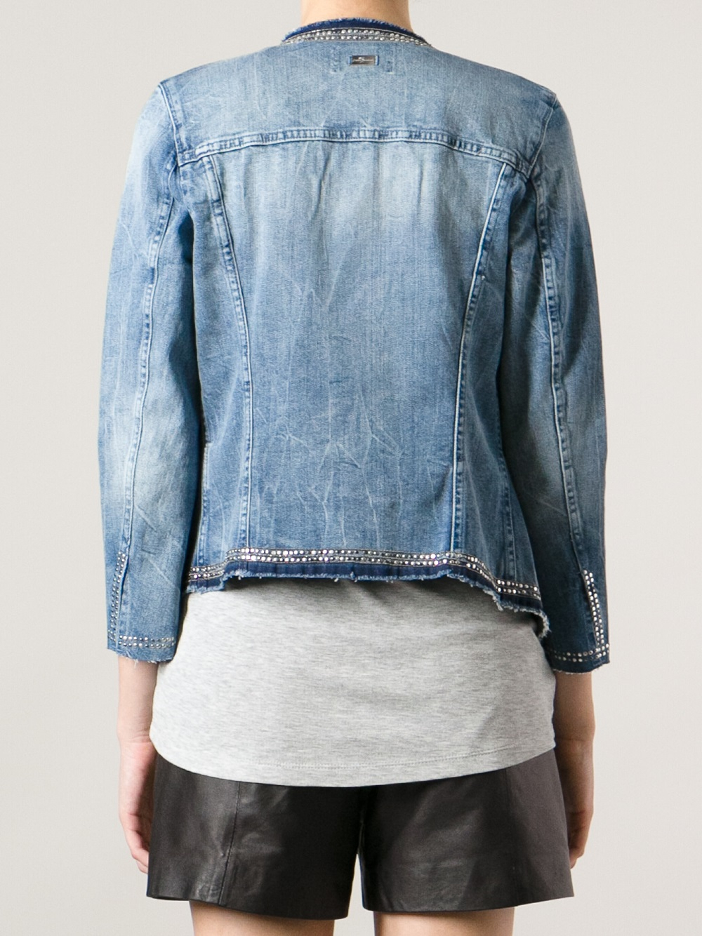 7 For All Mankind Studded Collarless Denim Jacket in Blue - Lyst