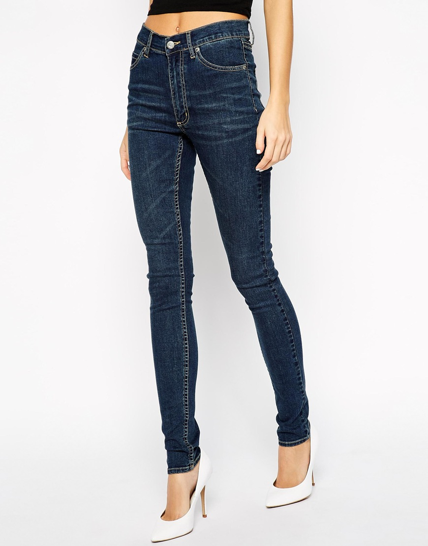Cheap high waist jeans Celebrate your retro side with the tempting look of high waist jeans. Take a peek at our many available high rise jeans. Achieve the look with a ruffled top and platform strappy sandals.
