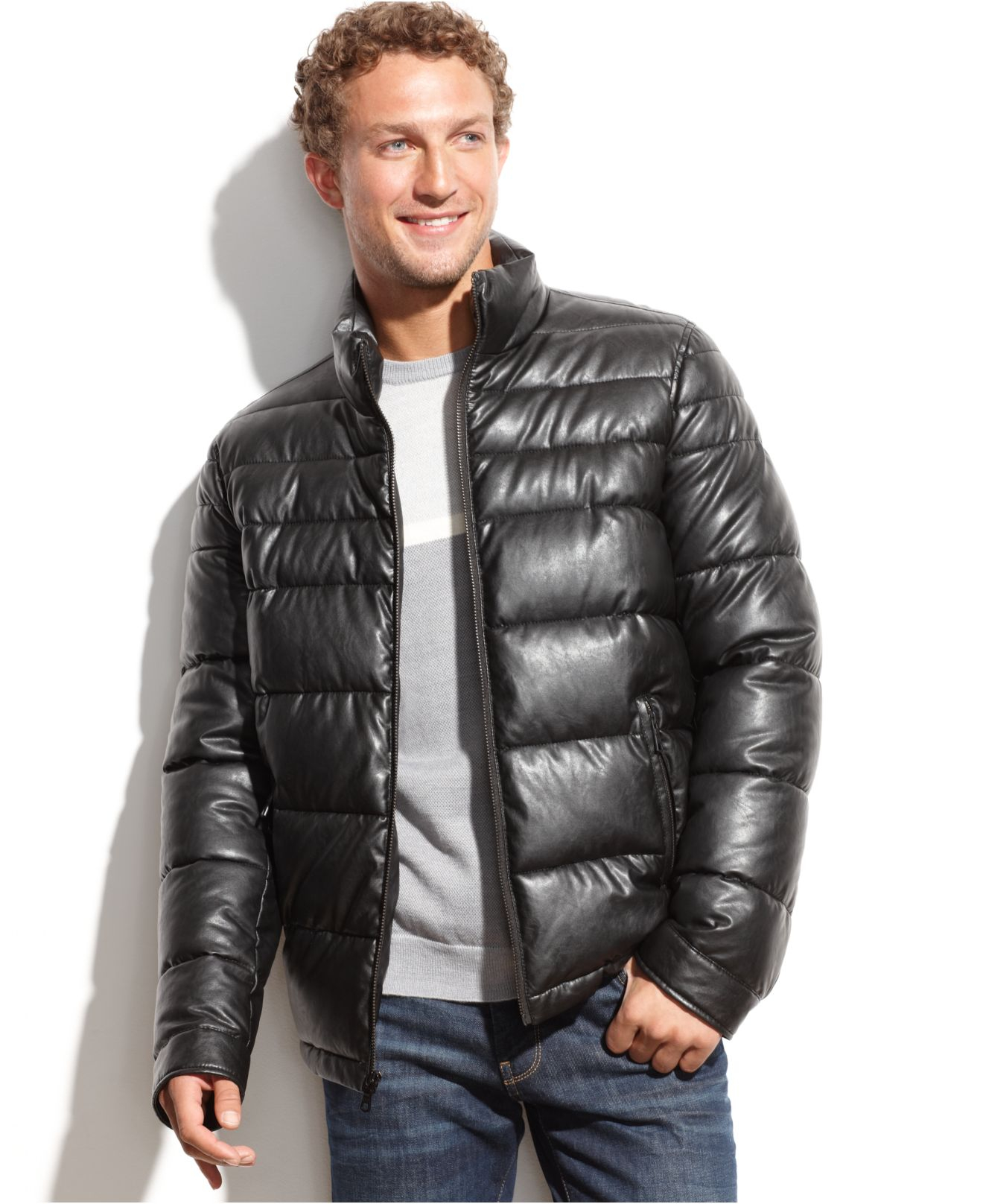 Tommy Hilfiger Faux Leather Puffer Jacket in Black for Men - Lyst