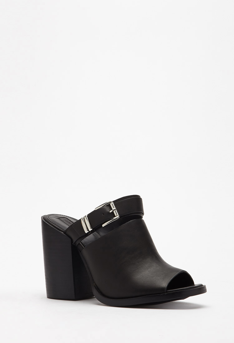 Forever 21 Rubber Buckled Peep-toe Mules in Black - Lyst
