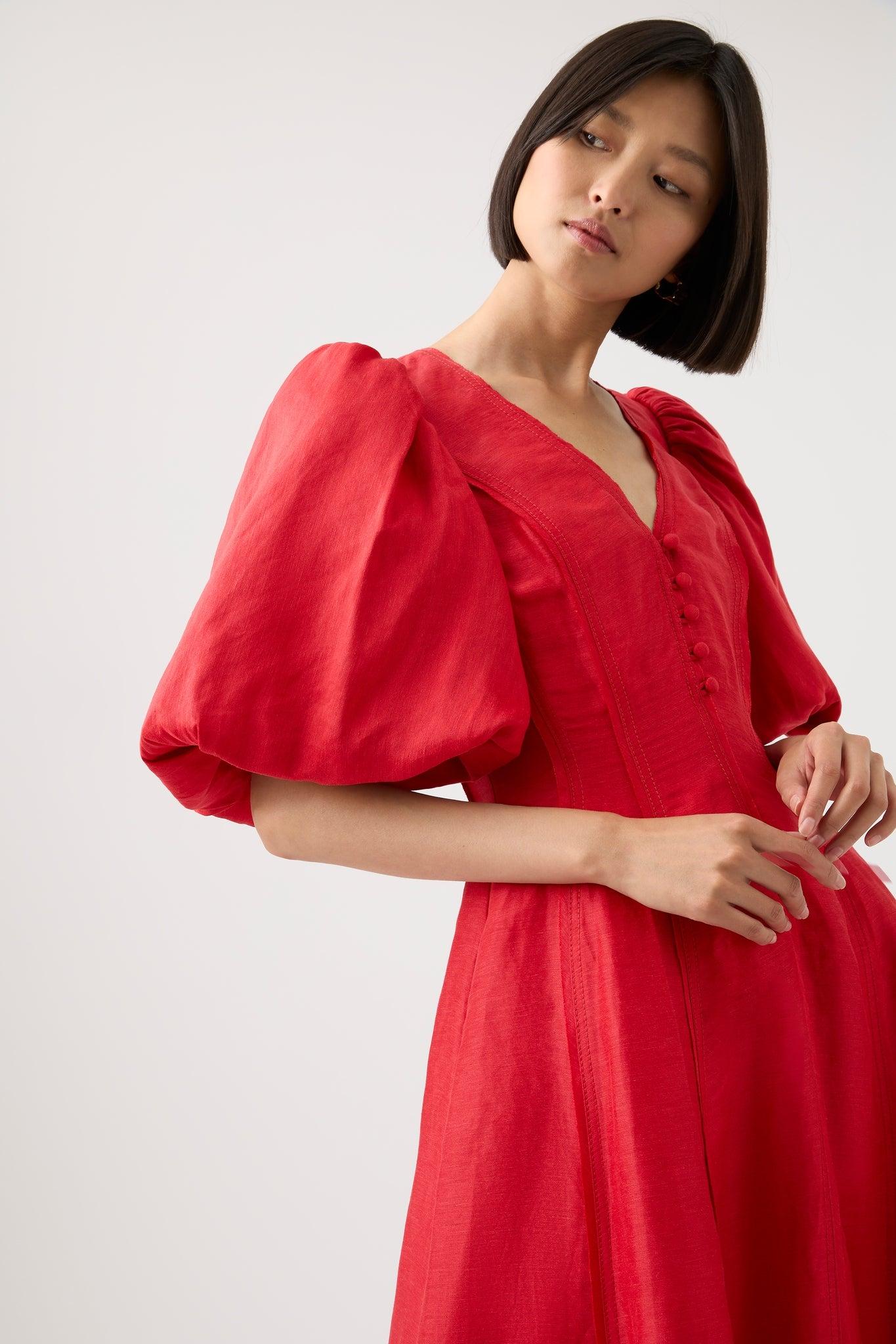 Aje. Dusk Puff Sleeve Midi Dress in Red | Lyst