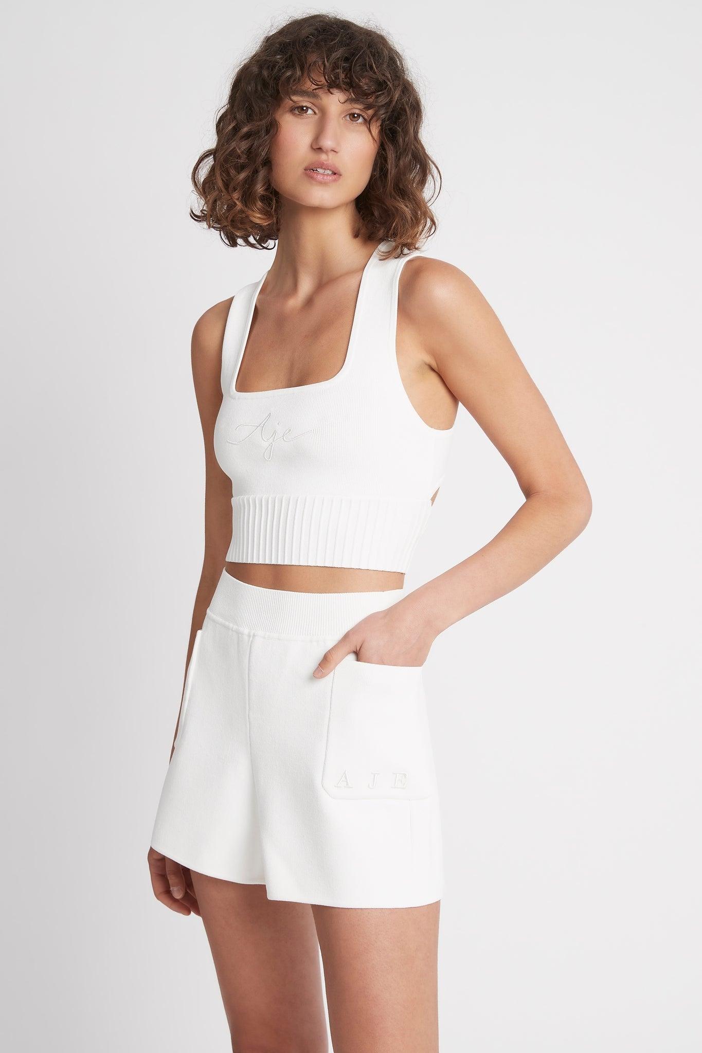 Aje. Livadi Cut Out Knit Logo Crop Top in White   Lyst