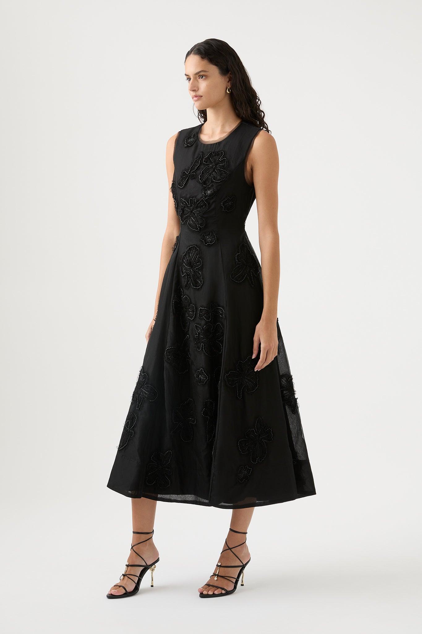 Aje. Vera Beaded Flower Midi Dress in Black | Lyst