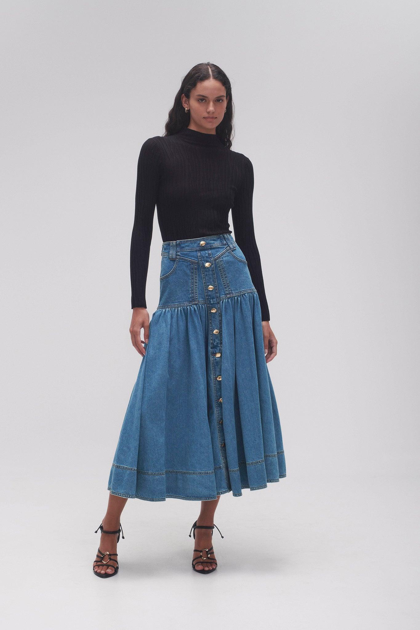 Aje Belmond Denim Midi Skirt In Blue Lyst 
