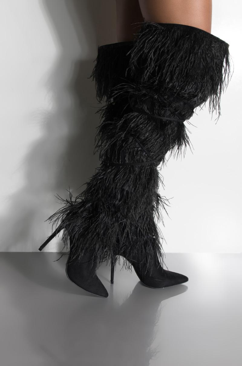feather thigh high boots