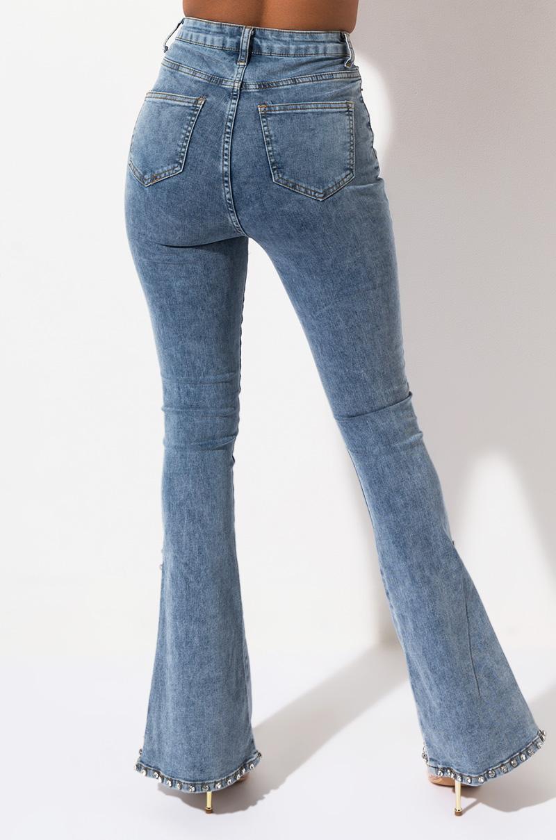 High Rise Rhinestones Flare Denim Pants 