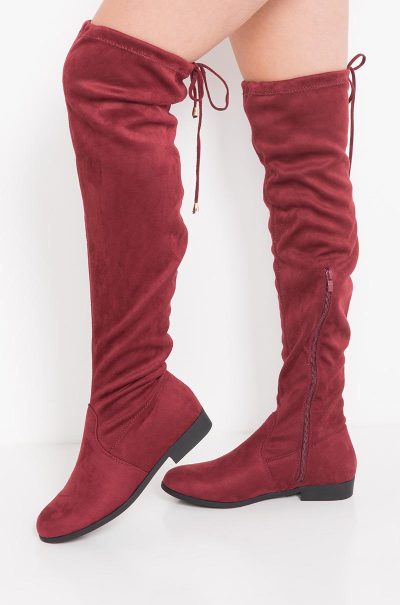 flat red thigh high boots