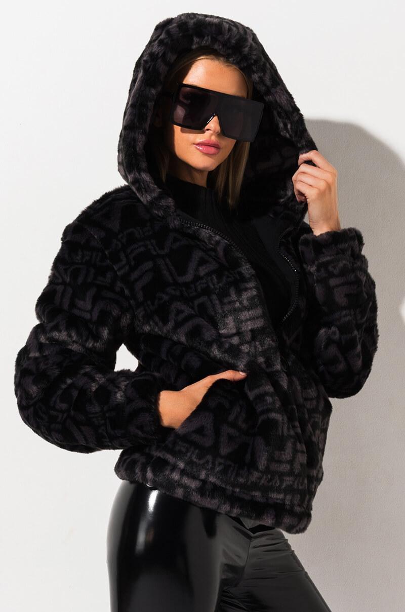 faux fur hoodie black