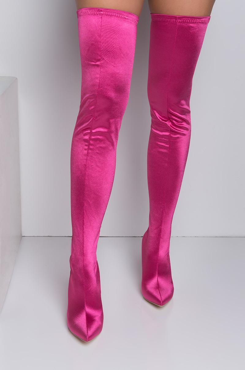 AKIRA Satin Bubblegum Thigh High Boots in Fuchsia (Pink) - Lyst