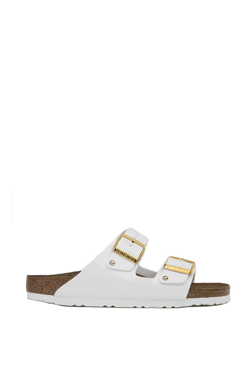 white birkenstocks gold buckle