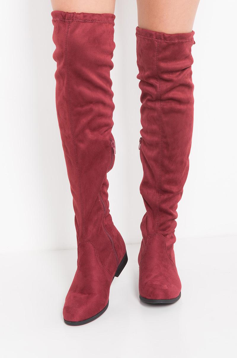 burgundy flat knee high boots