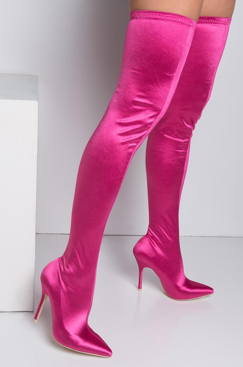 AKIRA Satin Bubblegum Thigh High Boots in Fuchsia (Pink) | Lyst