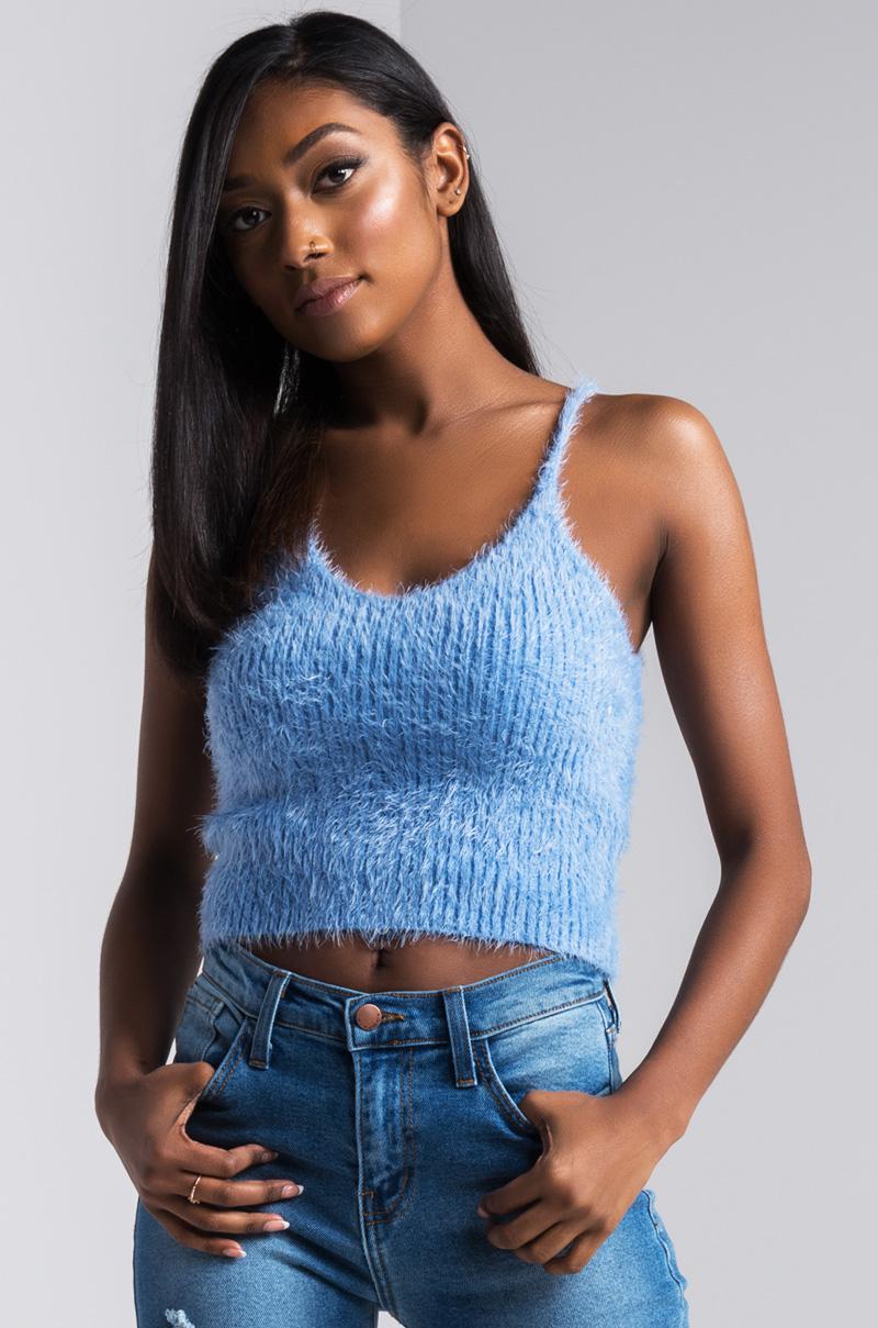 AKIRA Fur The One You Need Fuzzy Crop Top in Light Blue (Blue) | Lyst