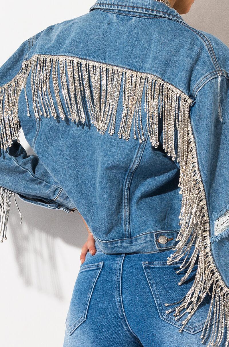 Long Rhinestone Fringe Denim Jacket 