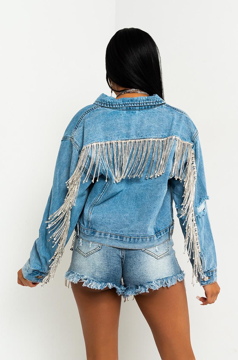 Long Rhinestone Fringe Denim Jacket 
