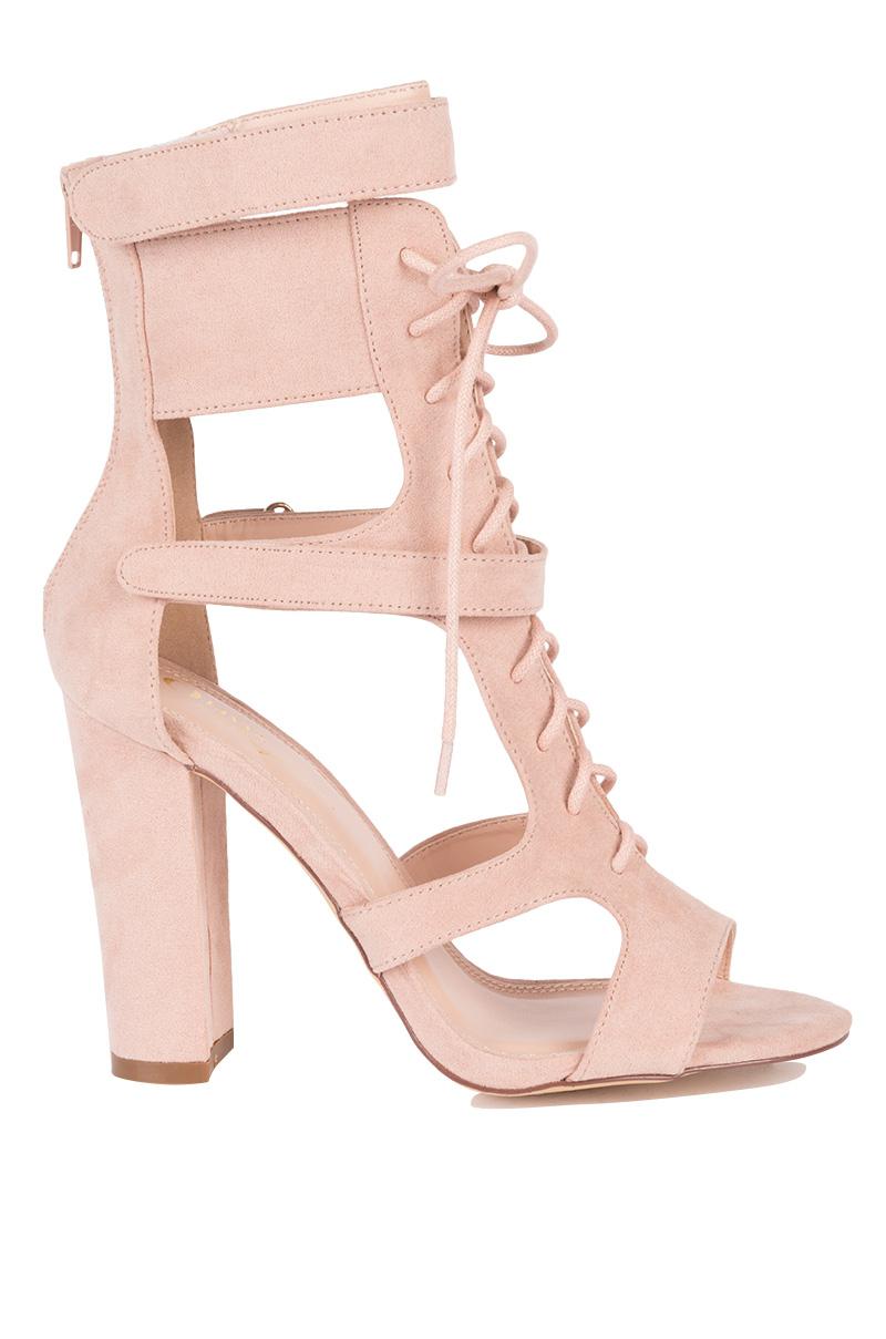 AKIRA Suede Strappy Lace Up Chunky Heel Platform Sandals in Pink Lyst