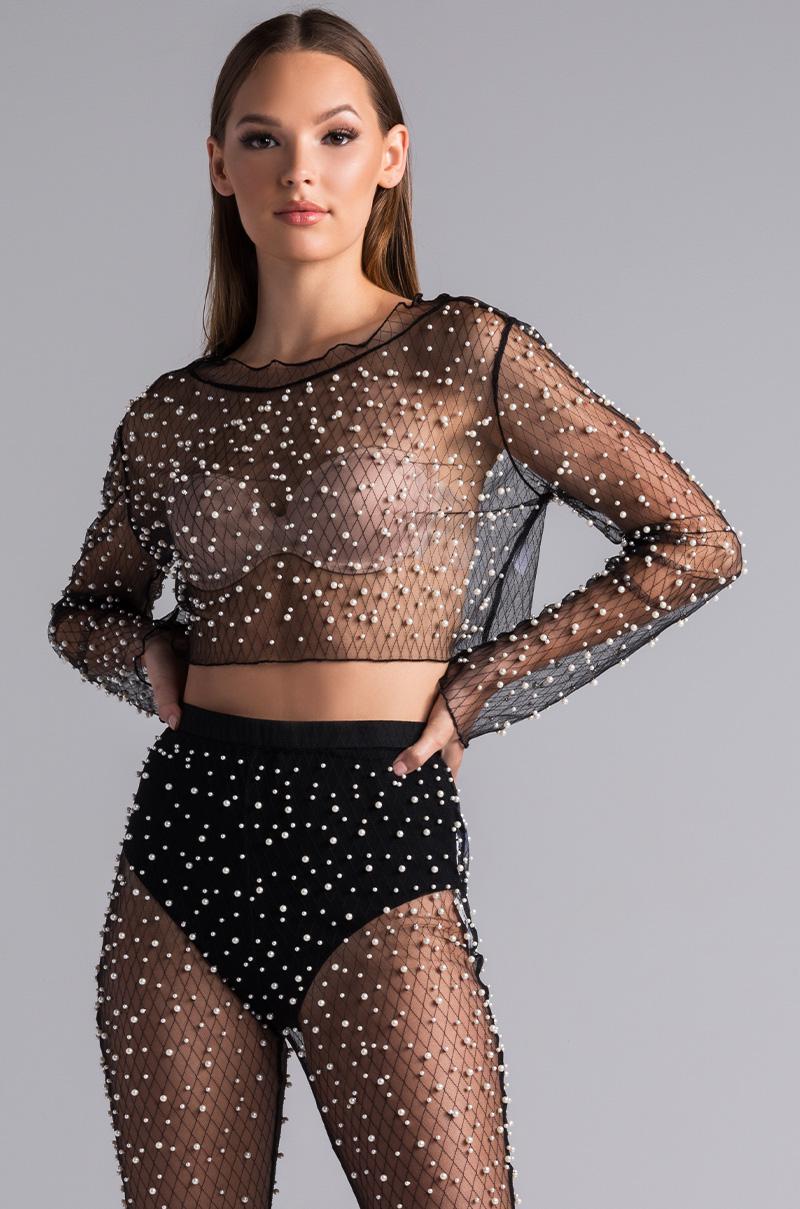 black mesh top with pearls