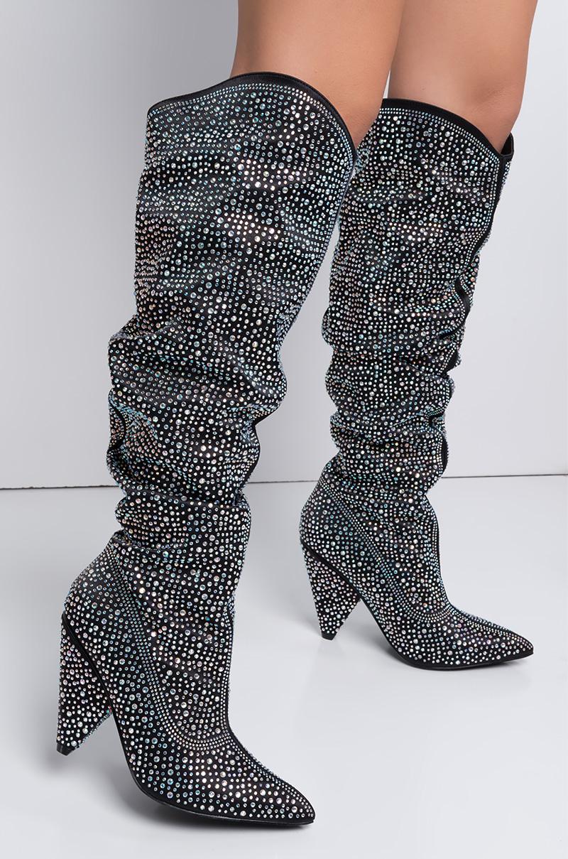 AKIRA Synthetic Rhinestone Cowgirl Heeled Sparkle Boots in Black - Lyst