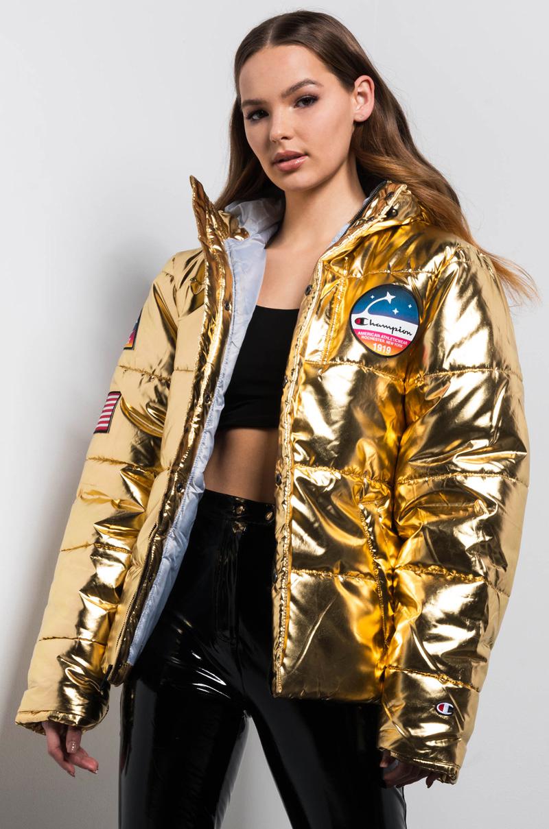 metallic champion puffer jacket