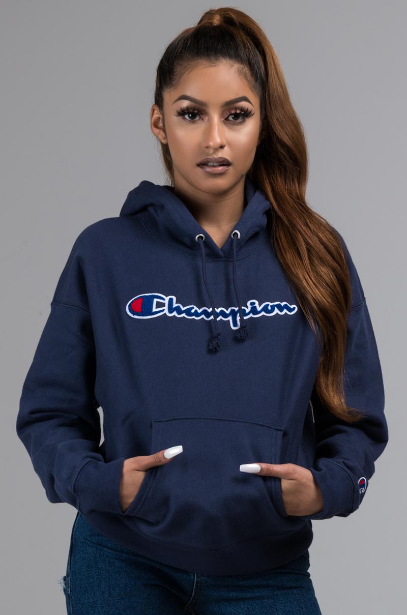champion reverse weave chain stitch logo dusted blue womens hoodie