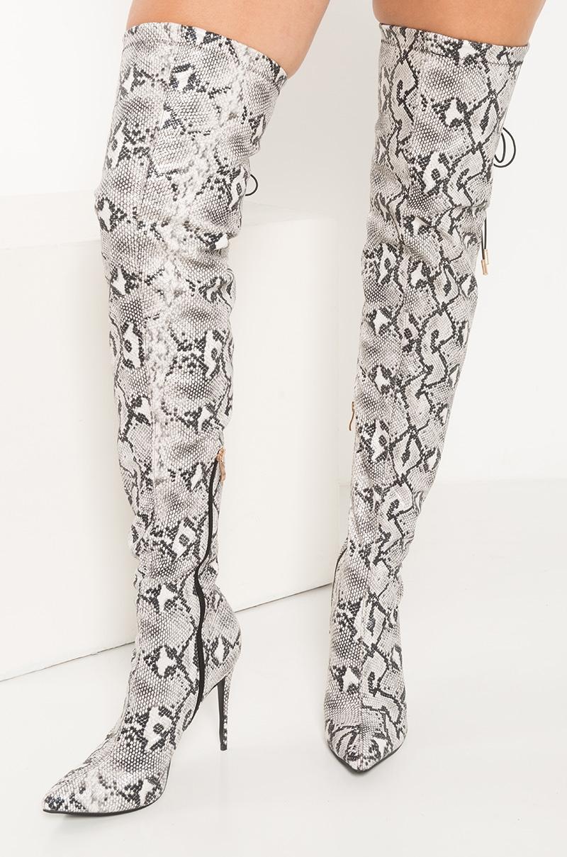 grey snakeskin thigh high boots