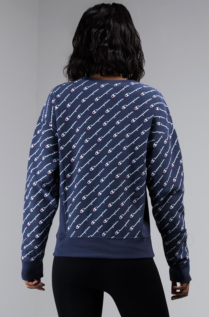 champion reverse weave all over print blue crew neck sweatshirt