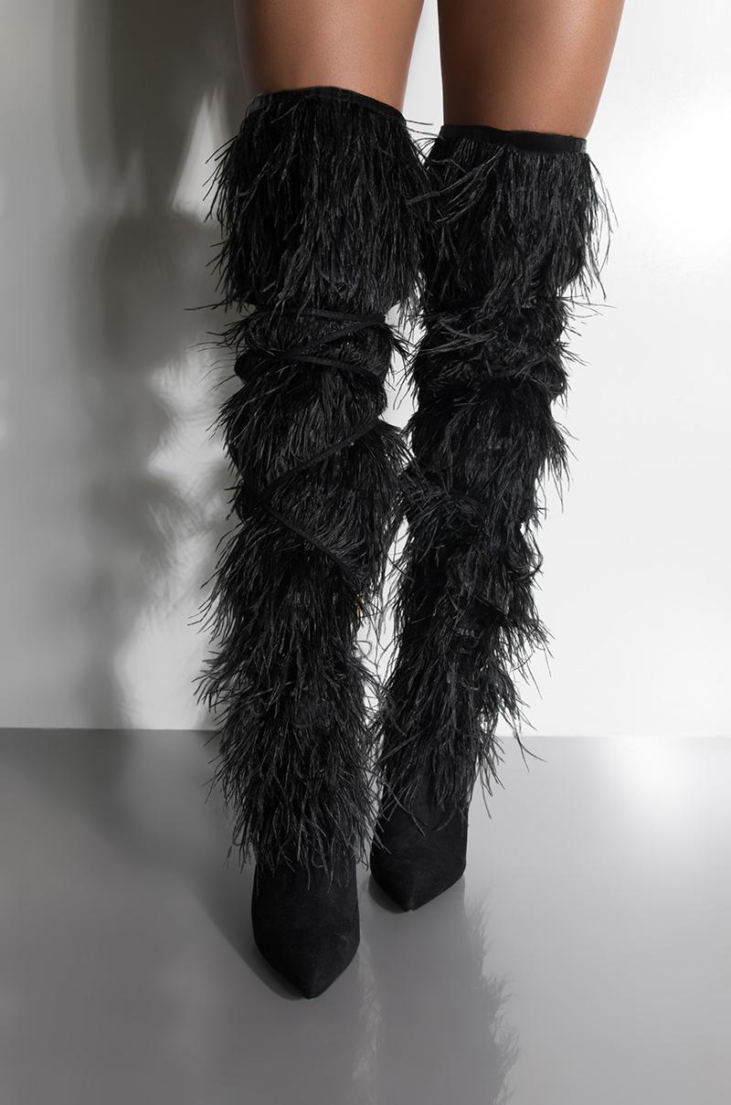 feather thigh high boots