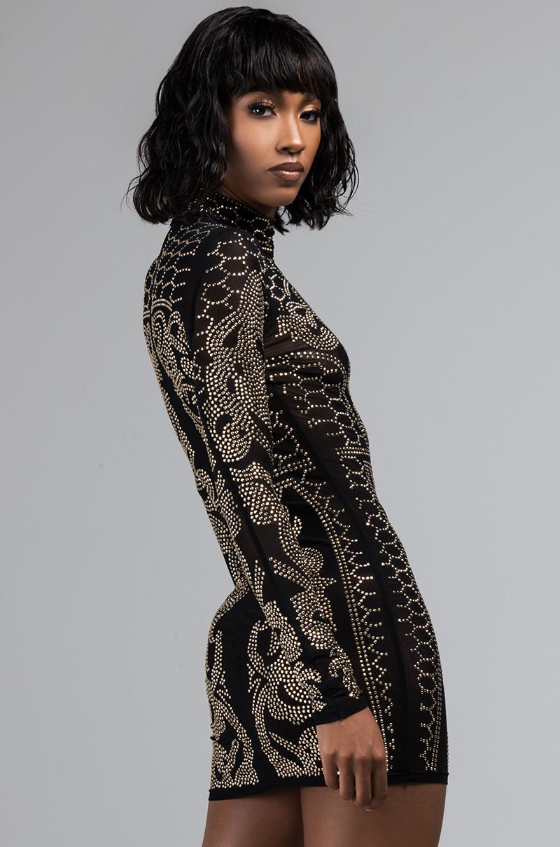 Akira Synthetic Hit The Floor Bedazzled Mini Dress In Black Gold