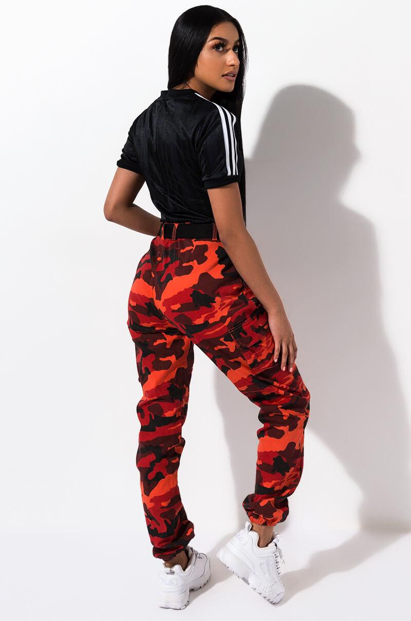 red and black camouflage pants