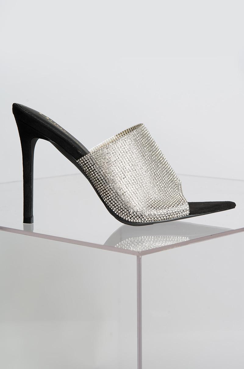 AKIRA Gifted Heeled Diamond Mule in Black Lyst Diamond Heels Stiletto Rosaer Glitzer Stiletto Heels