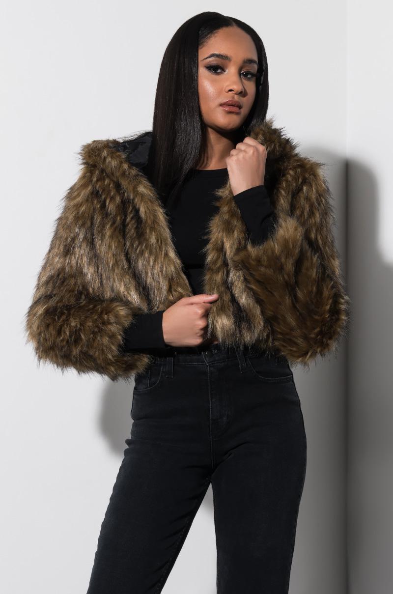 cropped faux fur hooded jacket