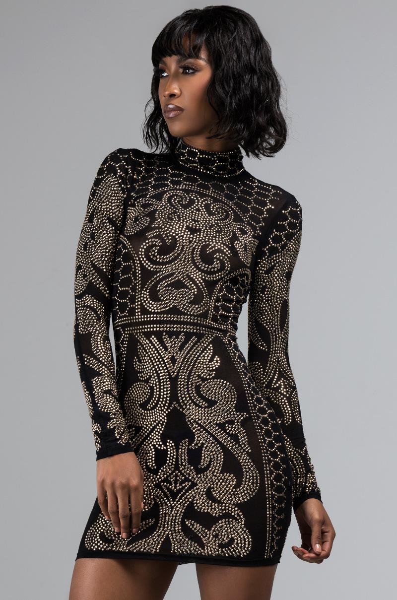 Akira Synthetic Hit The Floor Bedazzled Mini Dress In Black Gold