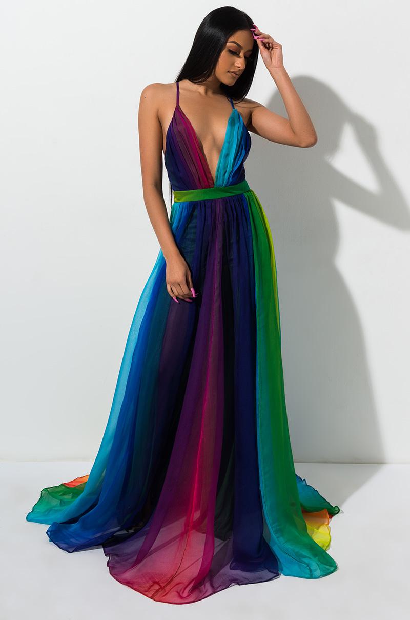 rainbow pleated maxi dress