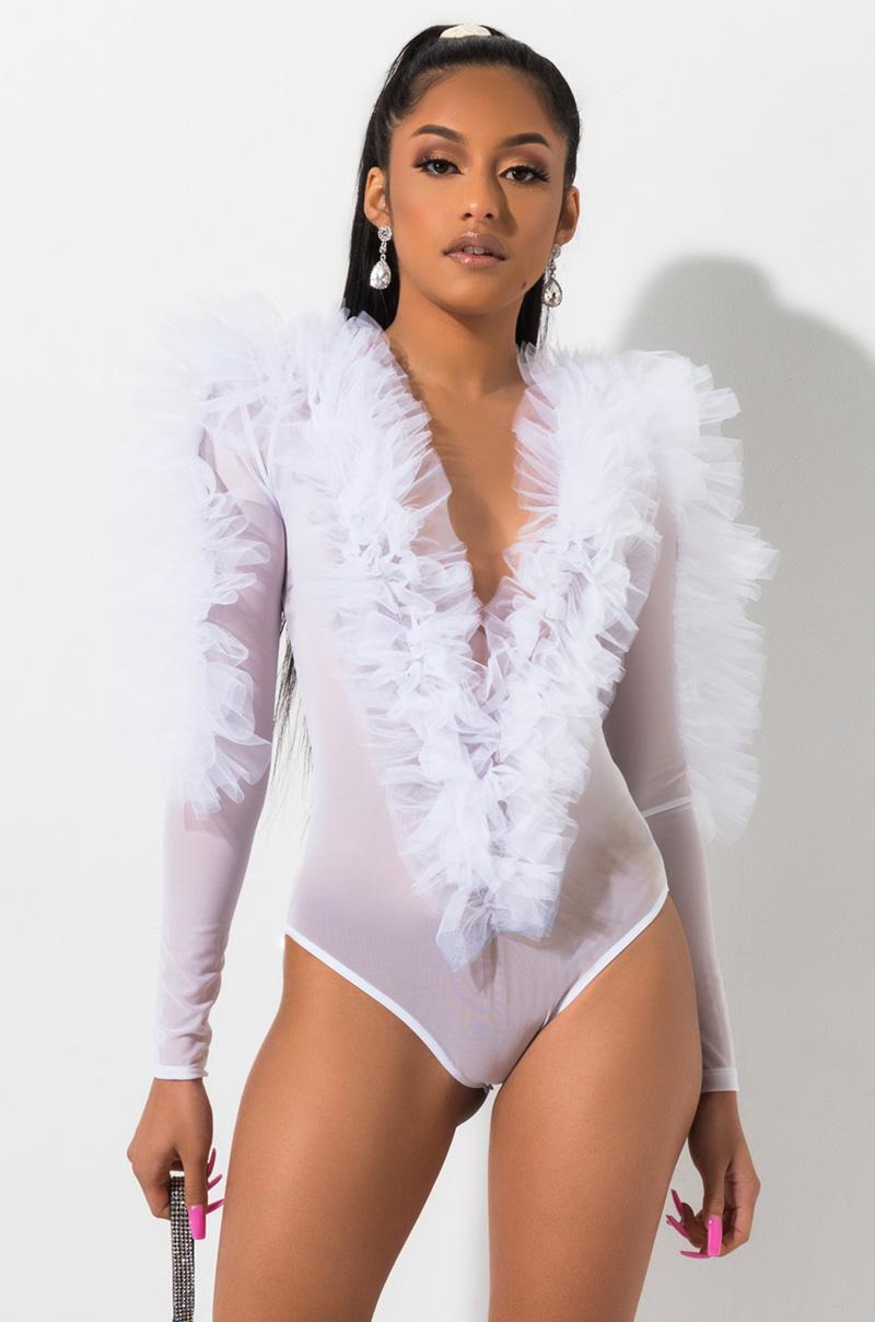 white ruffle bodysuit