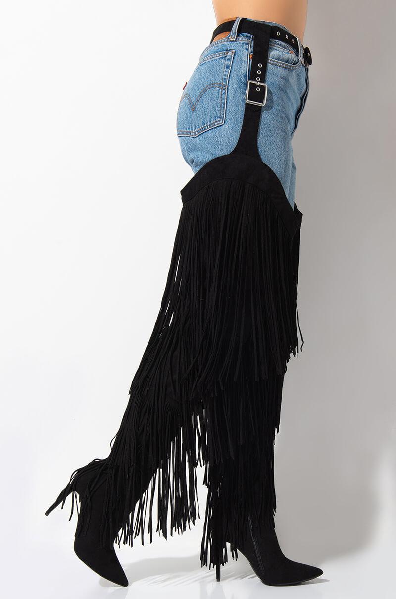 belted chap thigh high boots