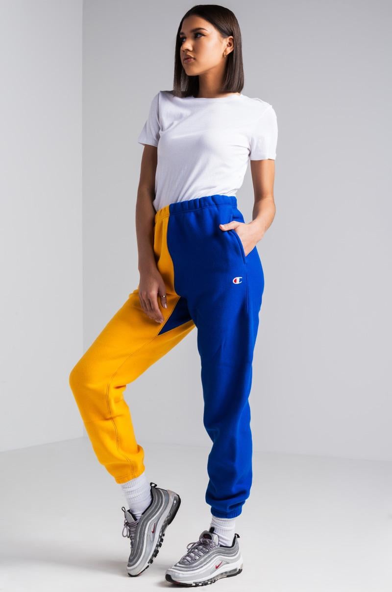 blue and yellow champion sweatpants