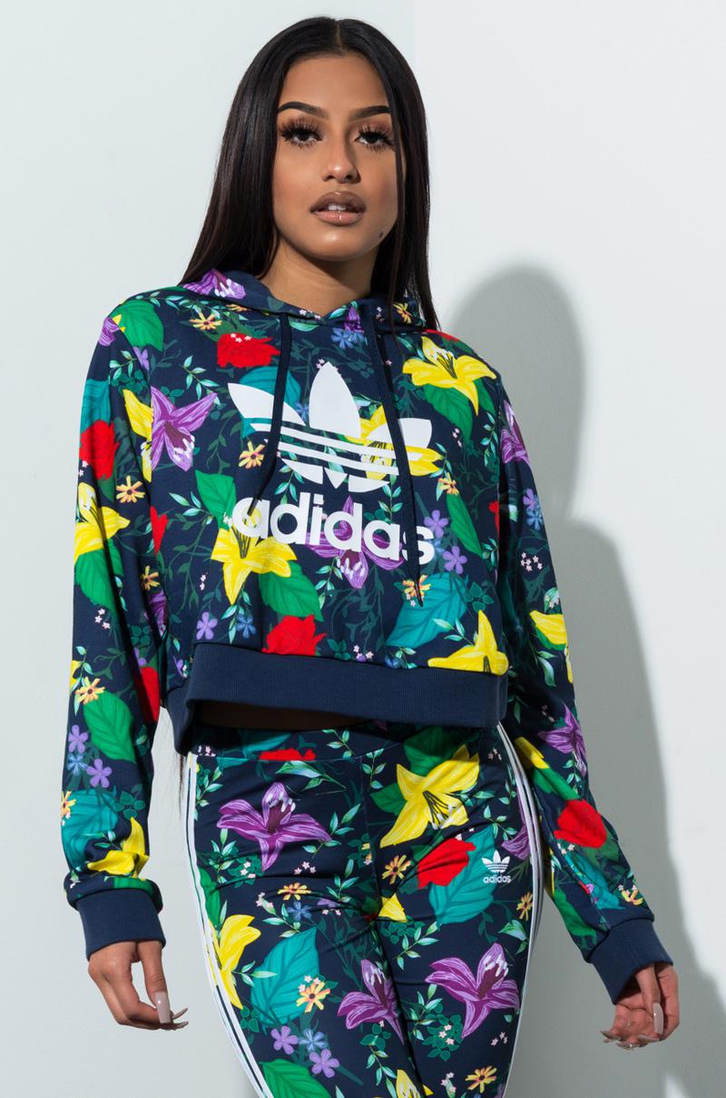 adidas Synthetic Floral Cropped Hoodie | Lyst