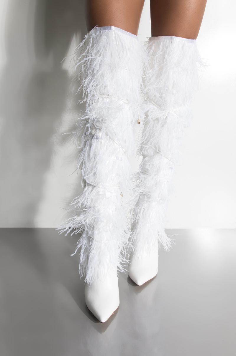 AKIRA Circa Burlesque Feather Thigh High Boots in White - Lyst