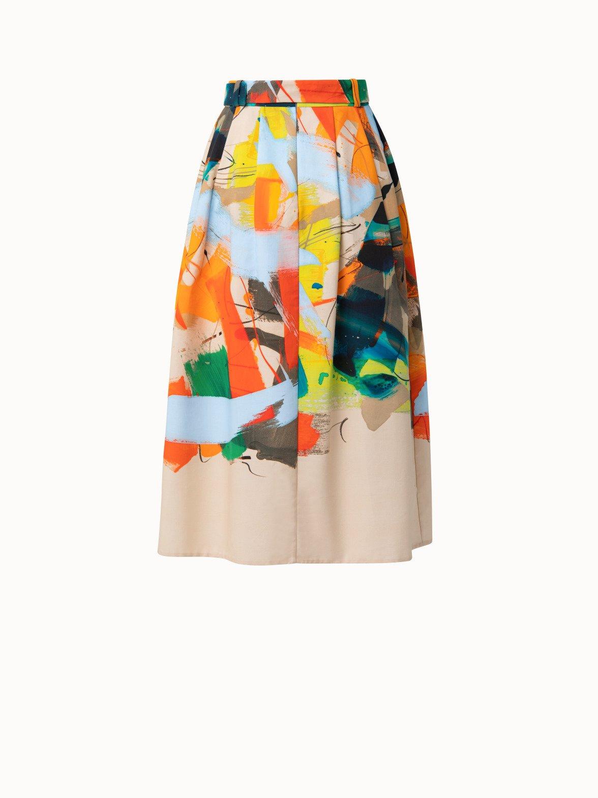 Akris Belted Brush Stroke Print Flared Cotton Skirt - Lyst