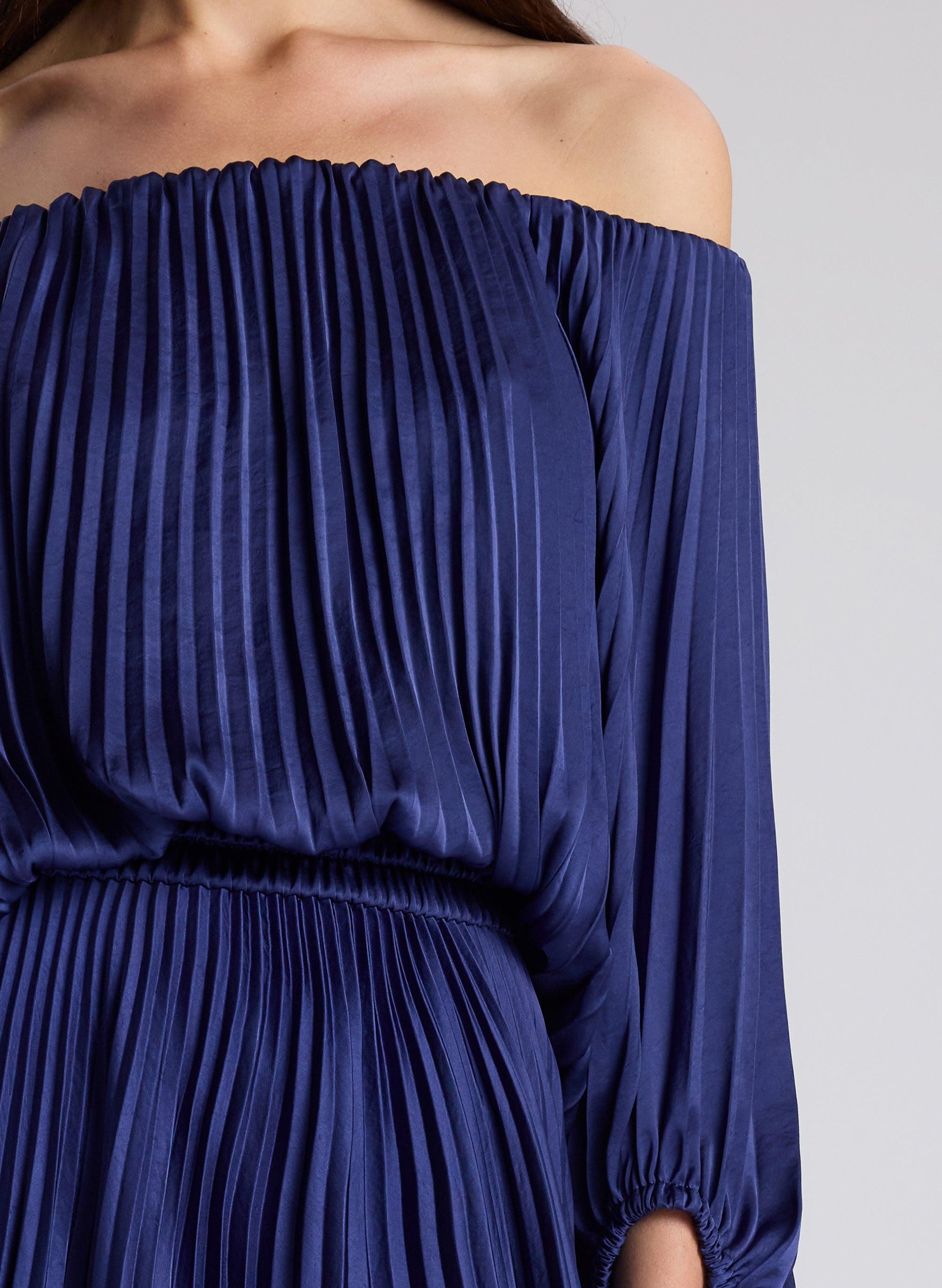 sienna satin pleated off shoulder dress A.L.C. Sienna Satin Pleated Off Shoulder Dress in Blue