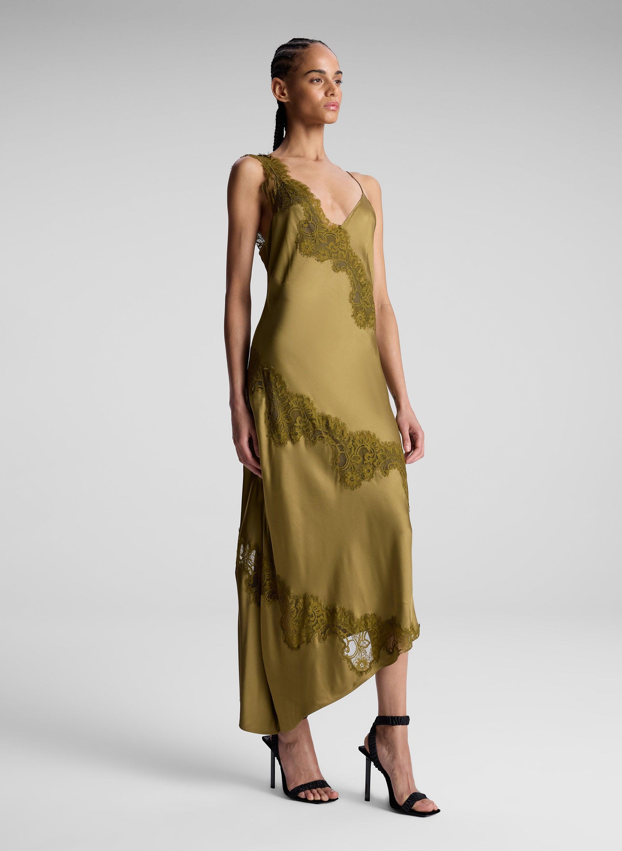 A.L.C. Stella Satin And Lace Midi Dress in Green | Lyst