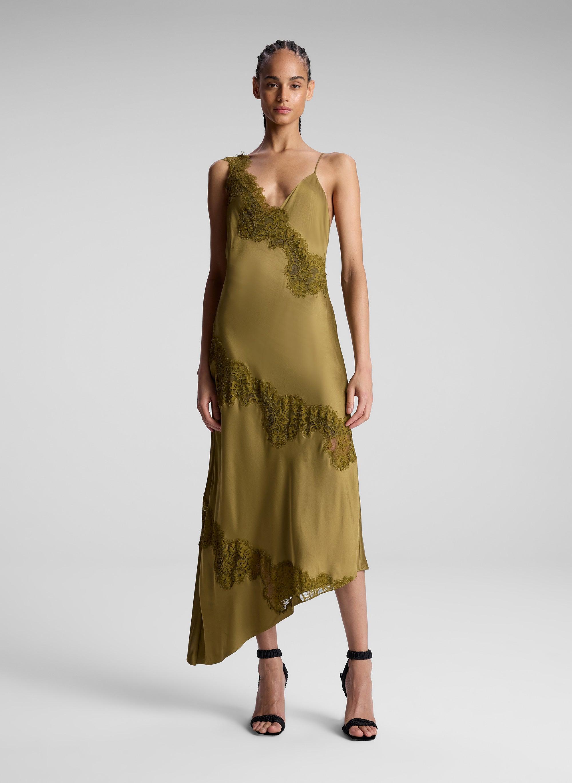 A.L.C. Stella Satin And Lace Midi Dress in Green | Lyst