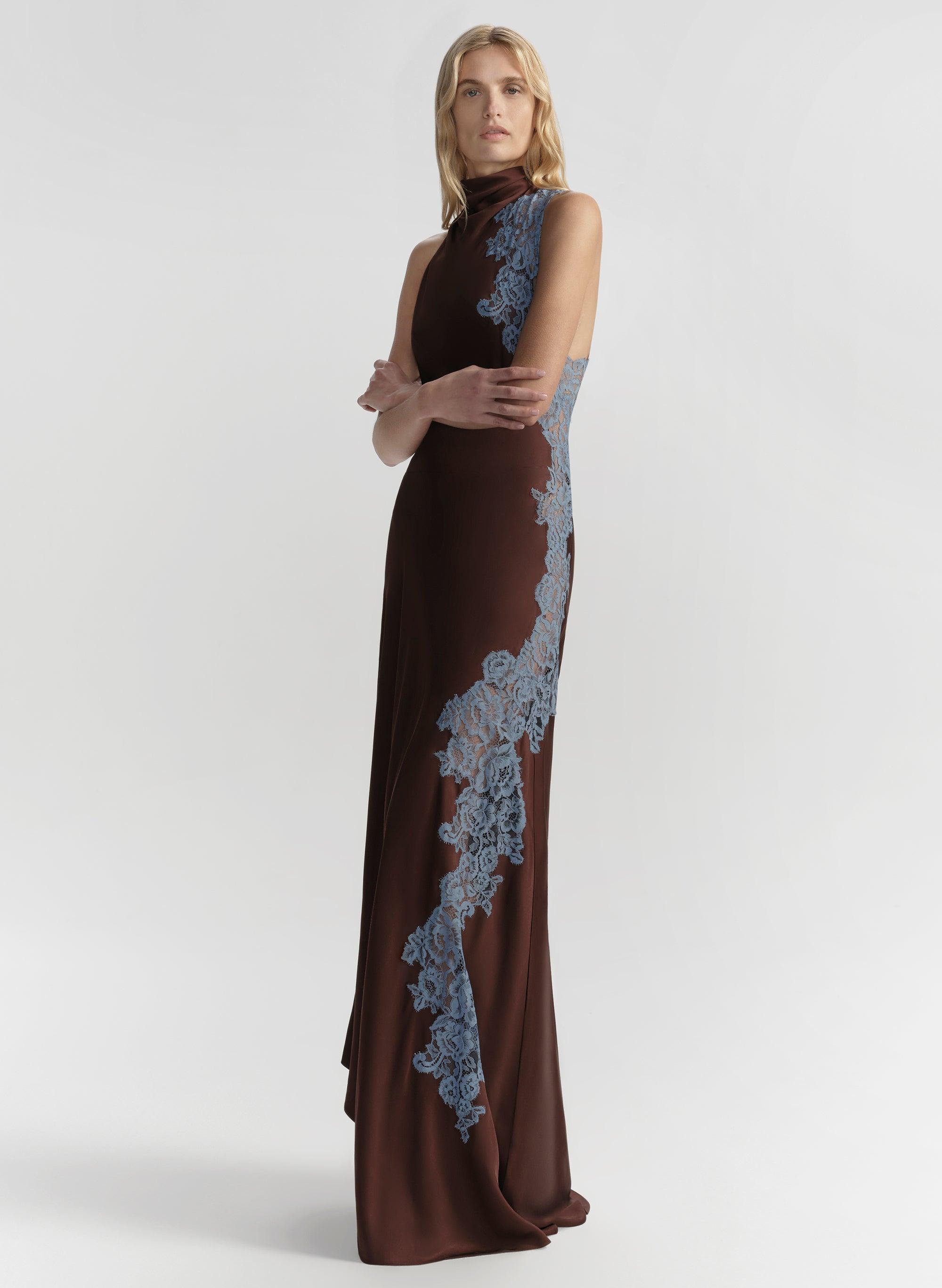 chinese dress ladies Alessia Textured Satin and Lace Maxi Dress