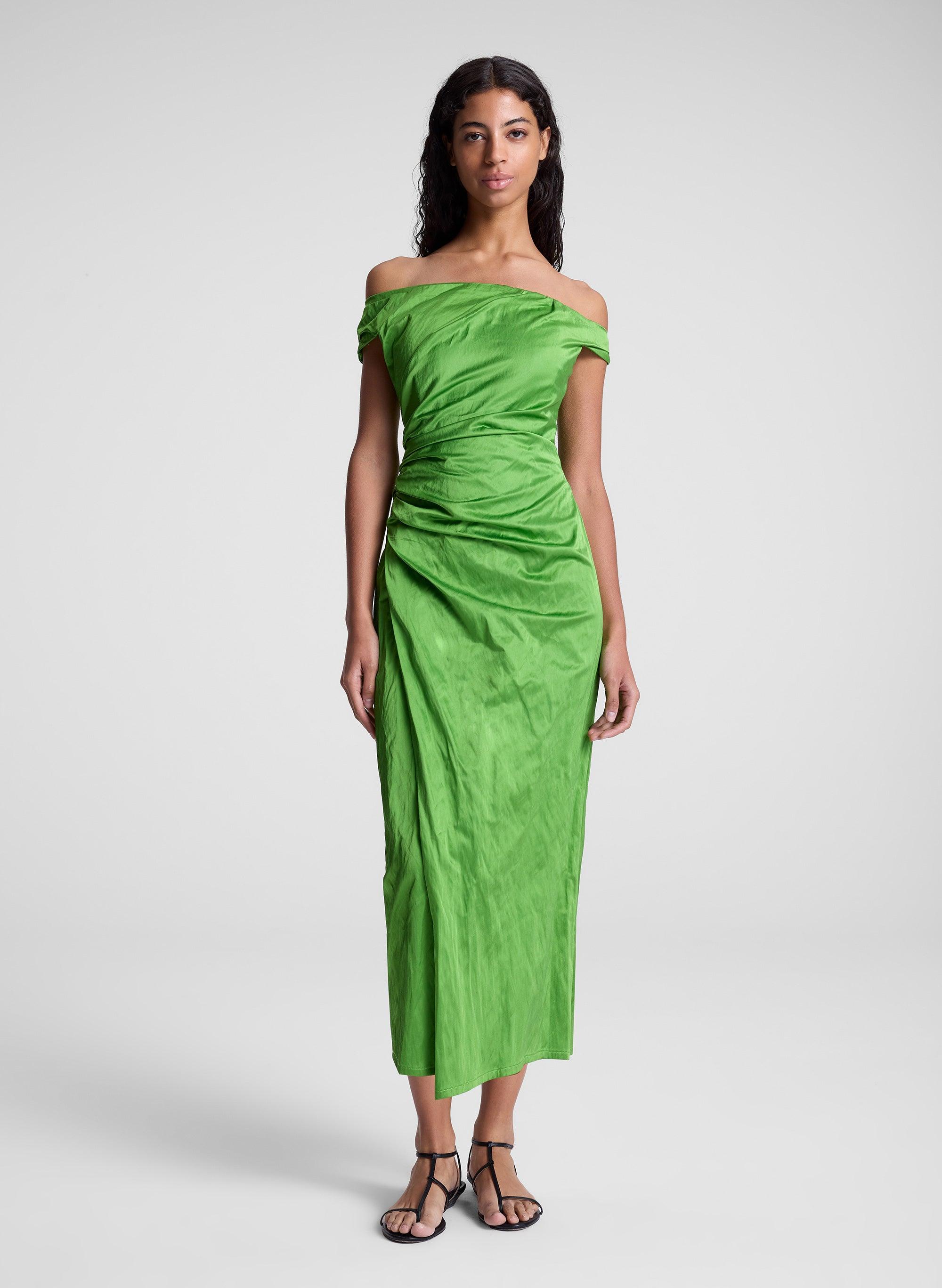 A.L.C. Camille Off Shoulder Satin Dress in Green | Lyst