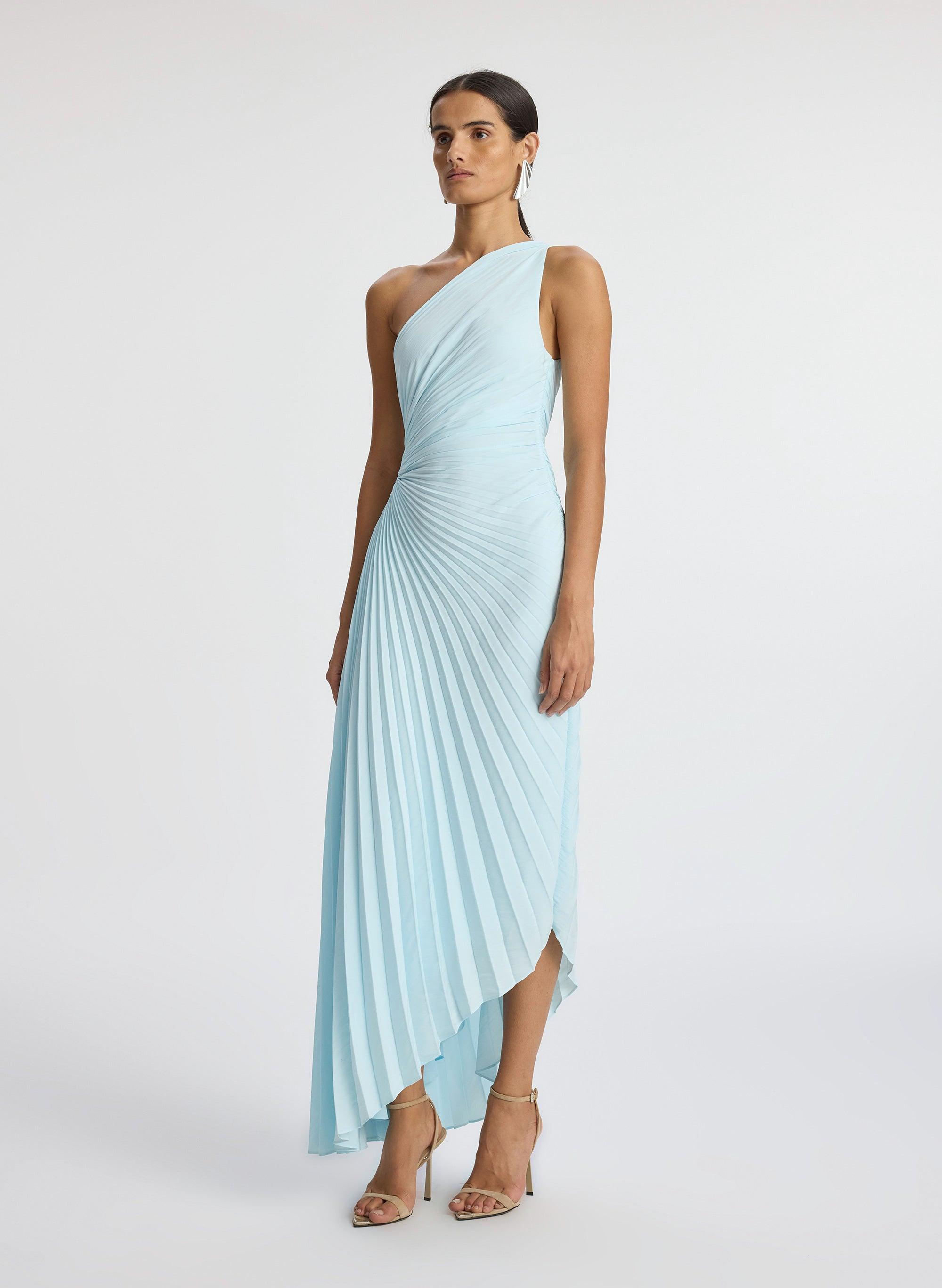 delfina pleated long asymmetric one shoulder dress A.L.C. Delfina Pleated Asymmetric Dress