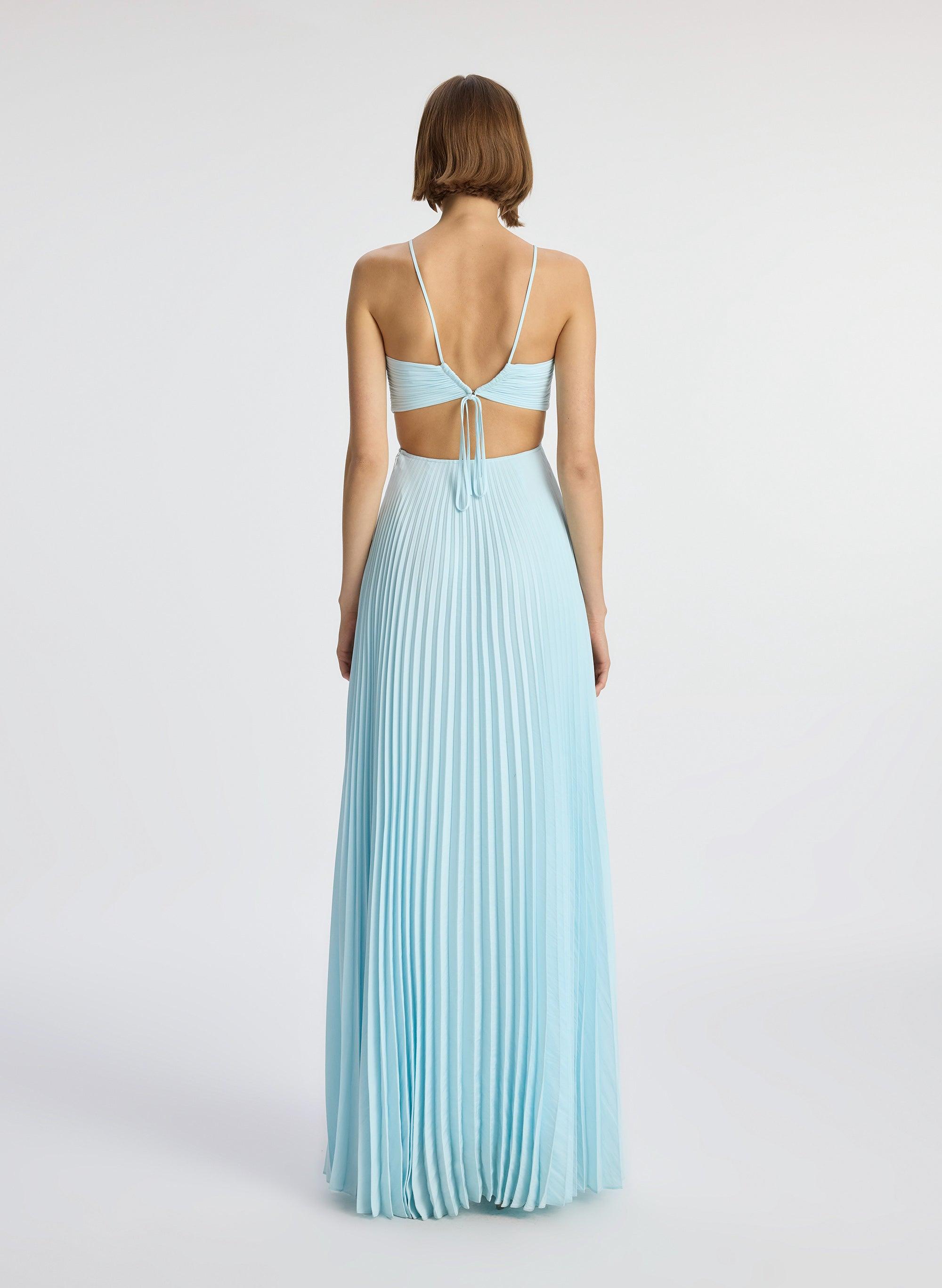 open lace back dress Moira Satin Pleated Maxi Dress