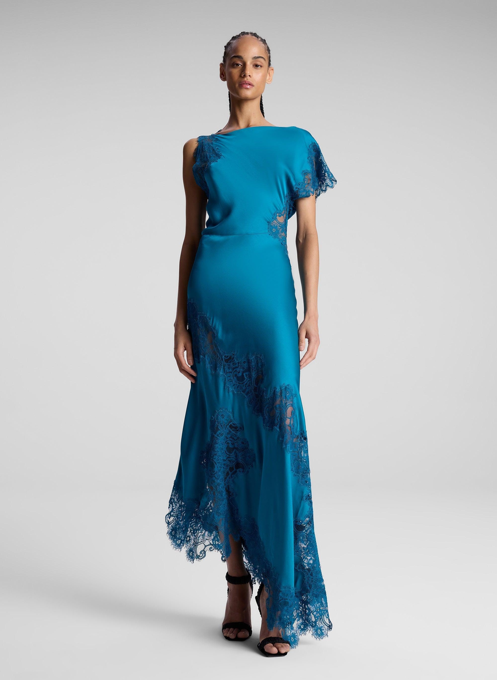 princess polly baby blue dress A.L.C. Alessia Satin And Lace Maxi Dress in Blue