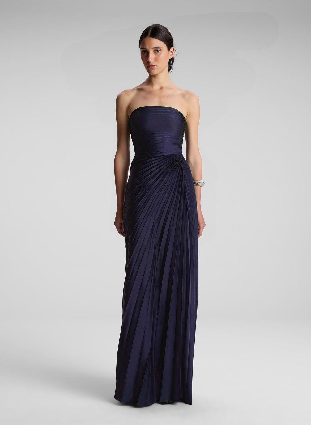 alc blue strapless dress A.L.C. Bianca Strapless Pleated Maxi Dress in Blue
