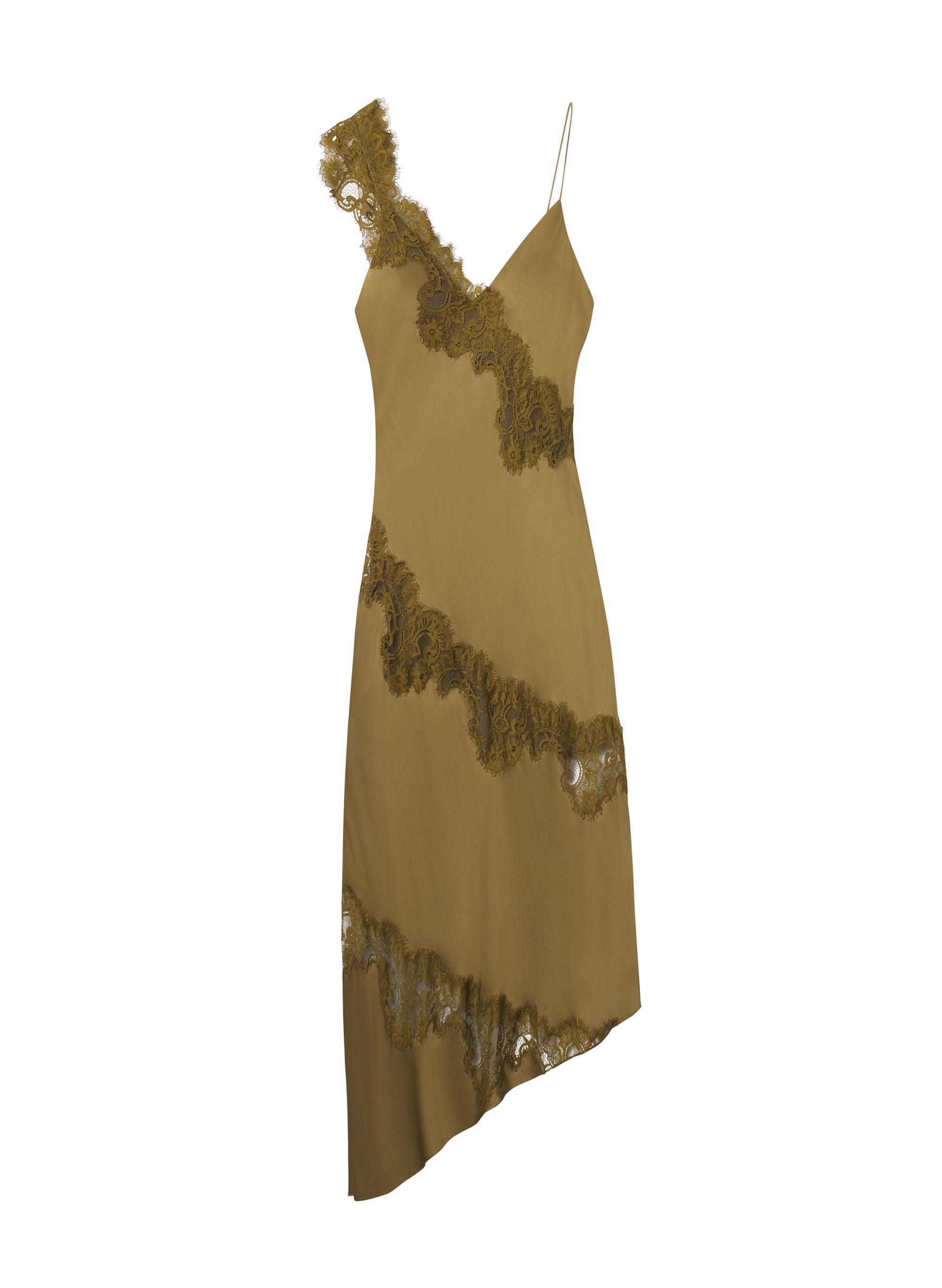 striped off the shoulder midi dress Iconic lace-trimmed satin midi dress - pastel yellow